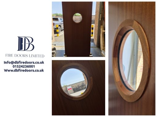 Sapele veneer fire door featuring a circular porthole vision panel with solid hardwood glazing bead and certified fire glass