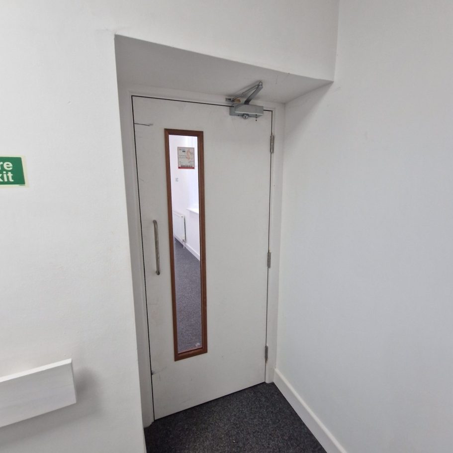 Internal FD60 fire door with a slim vertical vision panel and pull handle, ideal for health care or high-traffic commercial environments.