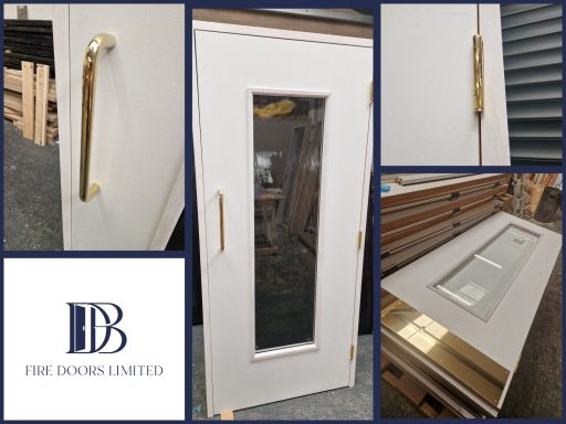 Glazed white internal fire door with a polished brass push pull hardware set and clean paper wrap finish, from DB Fire Doors Limited.