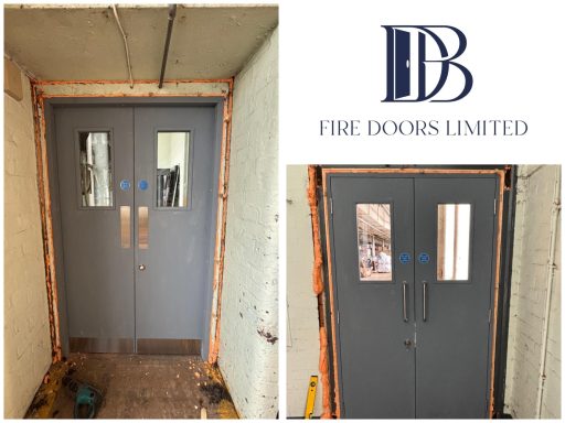 Primed grey double fire doors with vision panels during client installation, supplied by DB Fire Doors Limited.