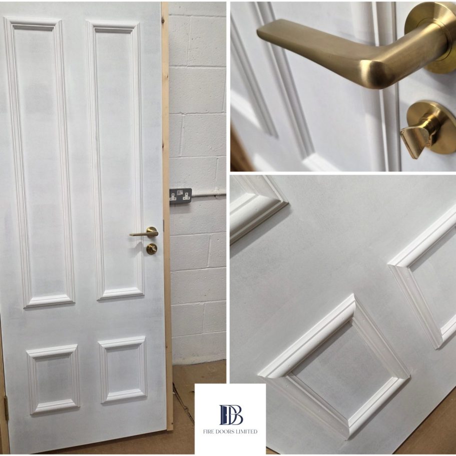 Multi-view of a traditional 4-panel primed fire door set with decorative mouldings and premium brass hardware, tailored for precise structur