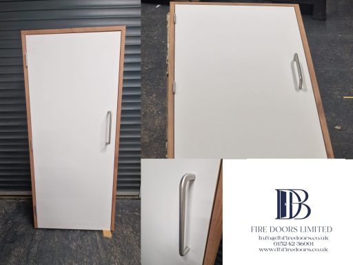 A collage showing a white paper wrap fire door with a natural wood frame and a long satin stainless steel D-pull handle, displayed in a work