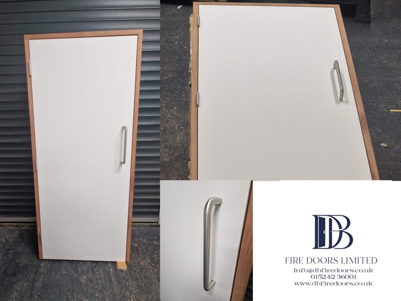 Multi-view of a clean, minimalist white fire door set with a high-durability finish and stainless steel pull handle, ideal for modern office