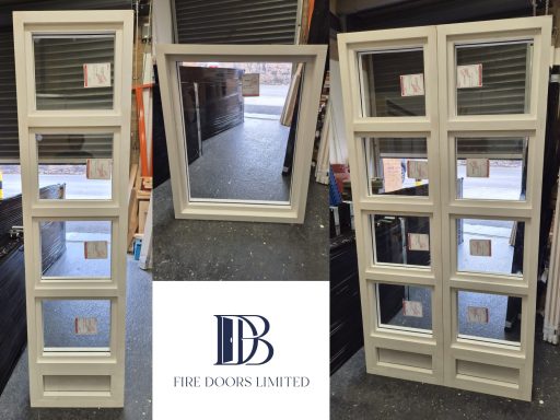 Certified fire-rated primed timber sidelight screens and overhead fanlight frame with glazed sections and solid infilled panels