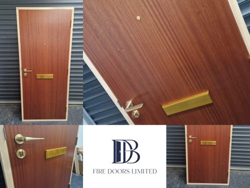A rich reddish-brown Sapele veneer fire door featuring a gold-effect letterbox, handle, and viewer.