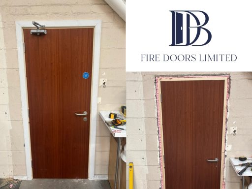 Sapele veneer FD30 fire door during and after installation, supplied by DB Fire Doors Limited.