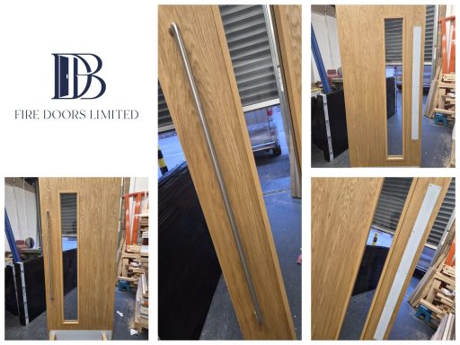 Oak veneer fire door featuring a 1 metre long stainless steel pull handle, matching push plate, glazed vision panel, and kickplate