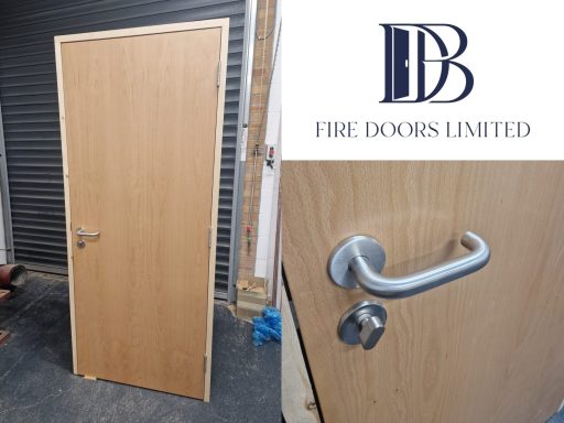 Steamed beech flush fire door with stainless steel lever handle, manufactured by DB Fire Doors.