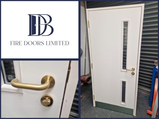 White fire door featuring two vertical vision panels, brass lever handle hardware, and a protective kick plate from DB Fire Doors Limited.