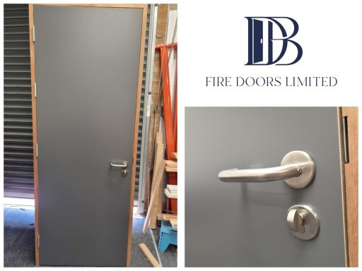 FD60 grey Formica laminate fire door set in a solid sapele hardwood frame with stainless steel ironmongery