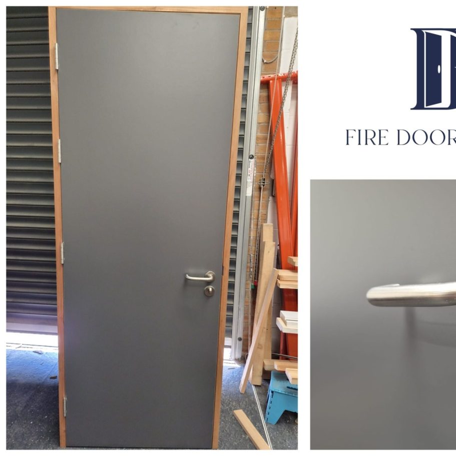 Bespoke primed fire door set featuring a slim vertical vision panel and factory-fitted intumescent seals, engineered for rapid on-site installation by trade professionals. Bespoke primed fire door set featuring a slim vertical vision panel and factory-fitted intumescent seals, engineered for rapid on-site insta