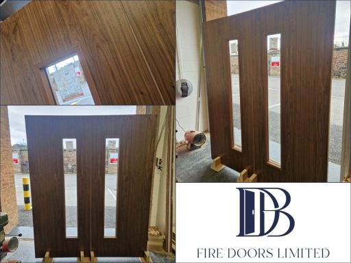 Bespoke walnut veneer double fire doors with vertical vision panels, manufactured by DB Fire Doors.