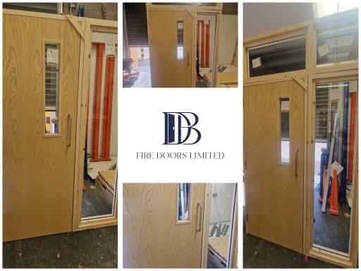 Complete wood veneer fire doorset featuring a glazed side screen, top fanlight, and vision panel, manufactured by DB Fire Doors Limited.