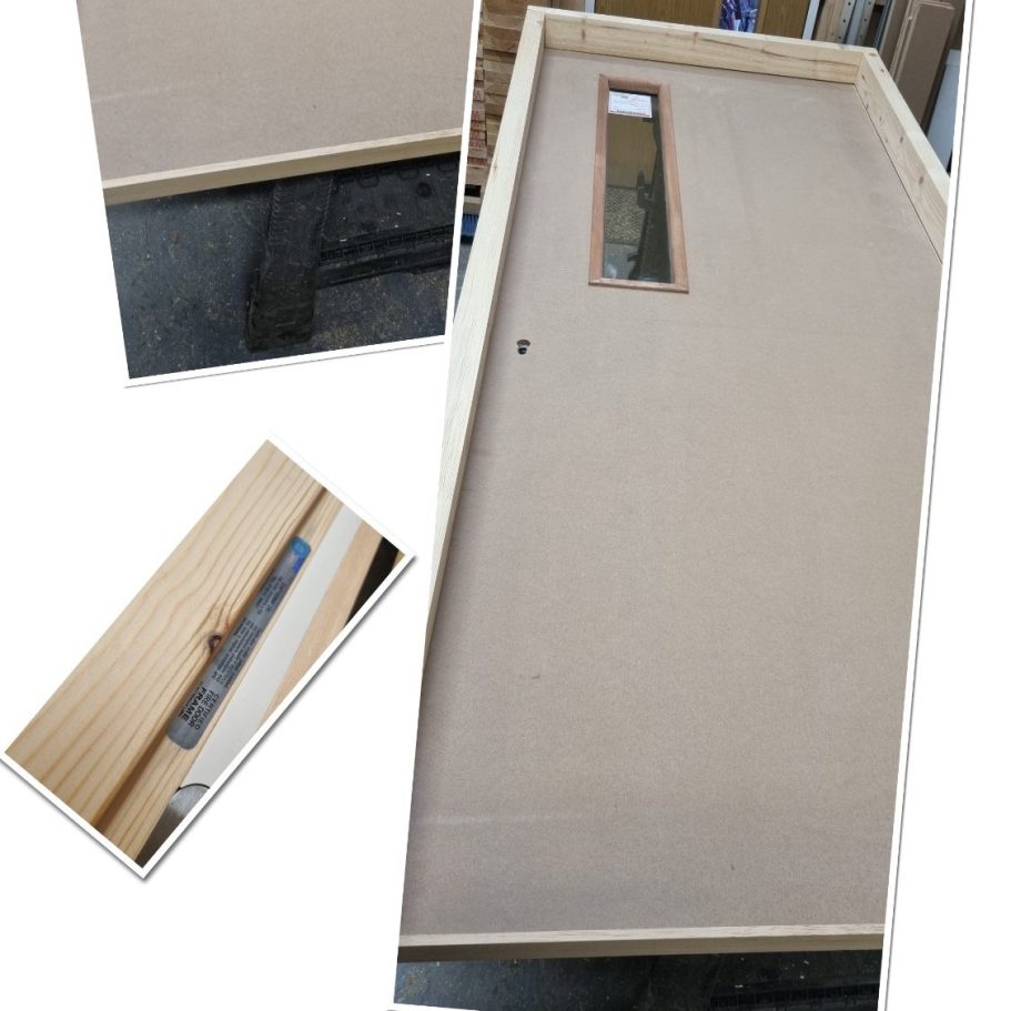 Bespoke primed fire door set featuring a slim vertical vision panel and factory-fitted intumescent seals, engineered for rapid on-site insta